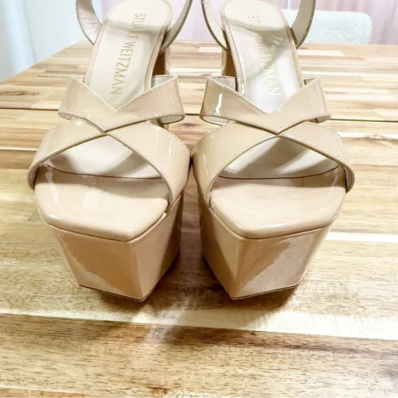 Stuart Weitzman Miami Patent Leather Adobe Nude Strappy Platform Sandals Size 9 - Picture 8 of 10